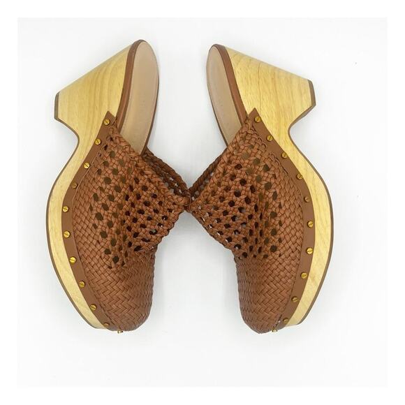 Veronica Beard Hardie Woven Leather & Wood Heeled Clogs Cognac Brown 9 - Picture 5 of 9